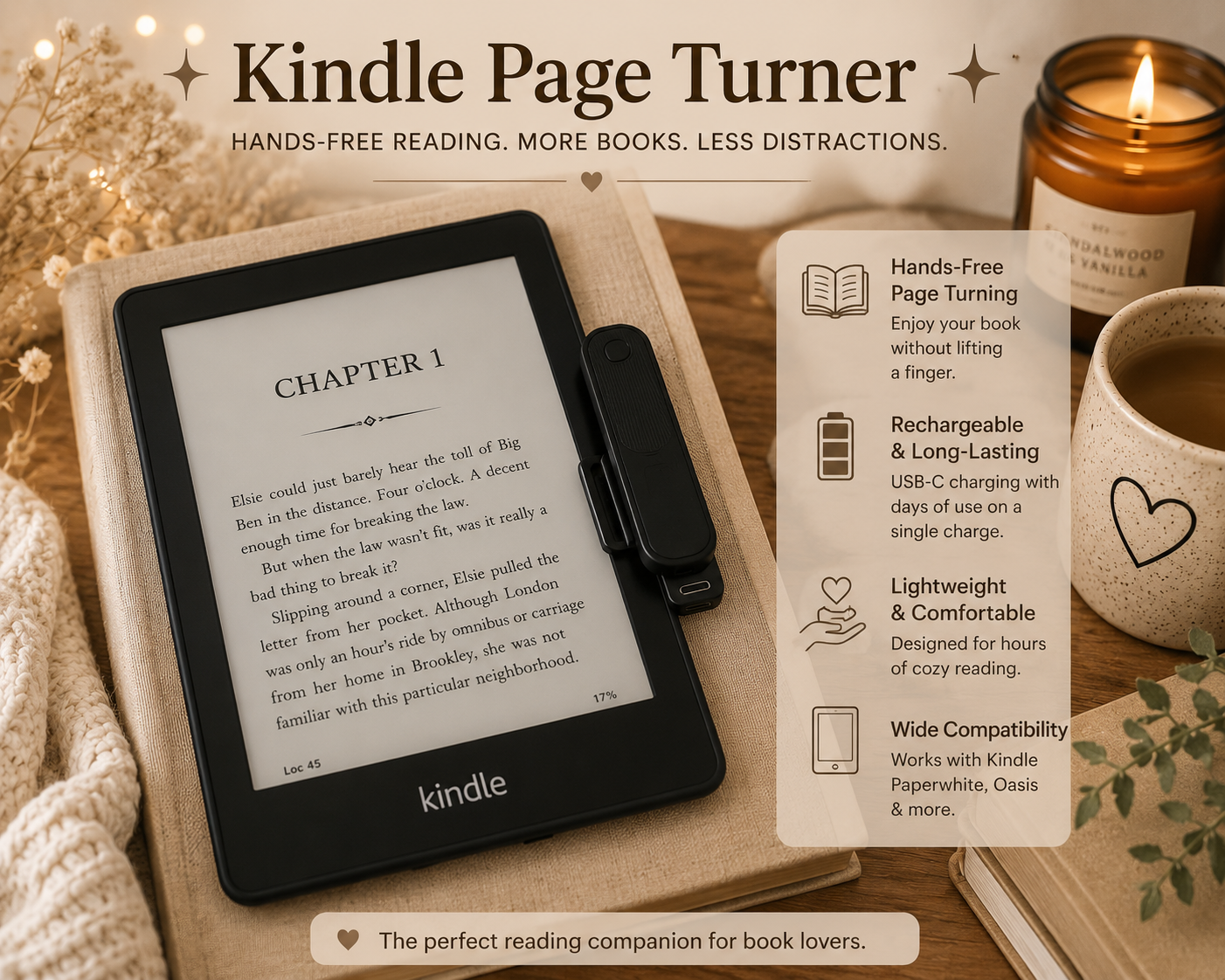 Wireless Kindle Page Turner | Cozy Reading Essential | Hands-Free Remote for Kindle Paperwhite, Oasis & More